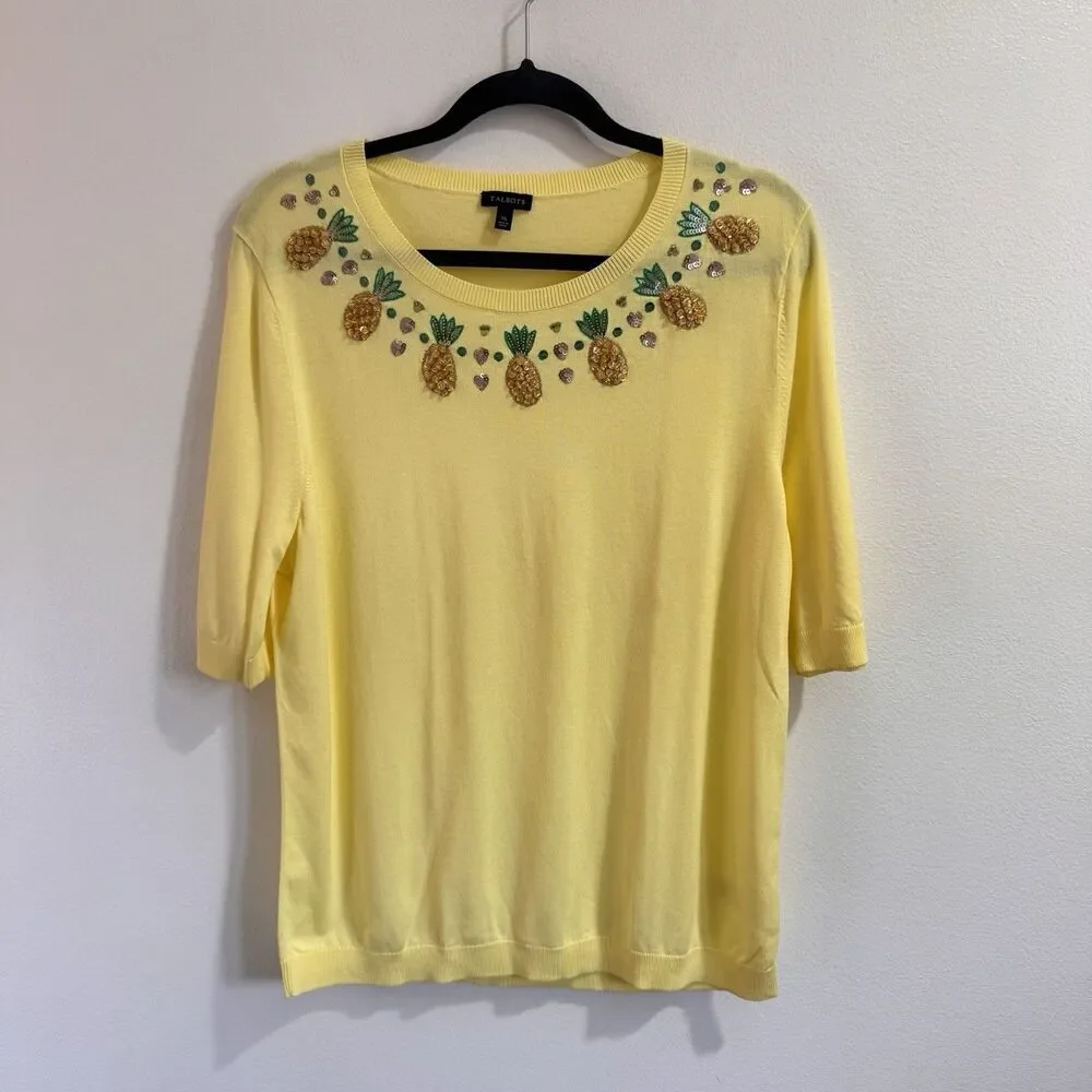 Talbots Sweater XL Yellow Pineapples Sequins Cotton Knit Stretch Crewneck - Picture 1 of 8
